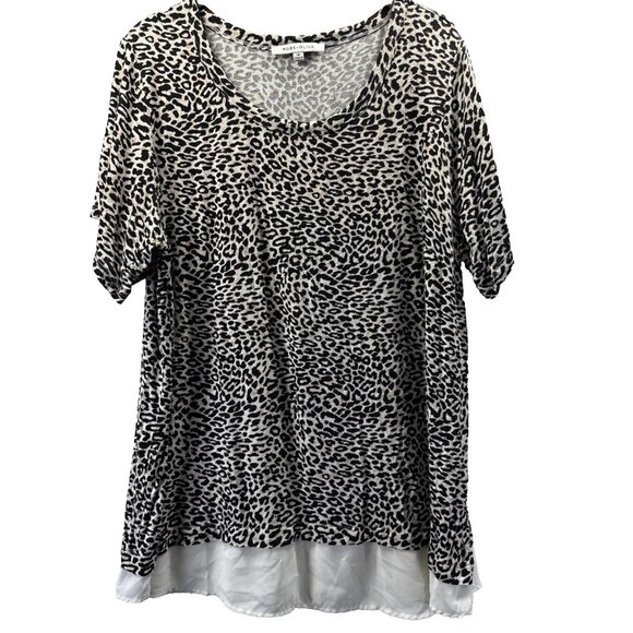Ros & Olive Women's Top Size 1X Leopard Layered Look Short Sleeve Black Ivory - Picture 1 of 7